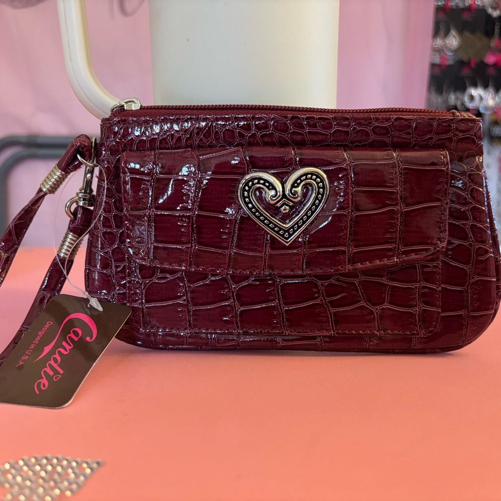 Chic Burgundy Croc-Embossed Wristlet with Heart Detail